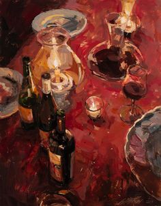 an oil painting of wine and plates on a red tablecloth with candlesticks