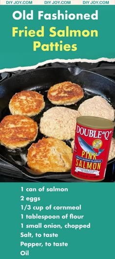 an old fashioned fried salmon patties recipe in a skillet with instructions for how to cook them