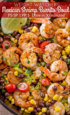 mexican shrimp burrito bowl with black beans, corn and tomatoes