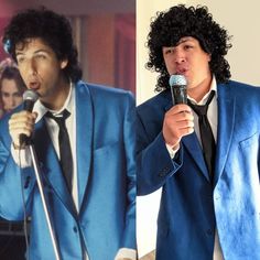 two pictures of the same man in a blue suit and black tie, one is singing into a microphone