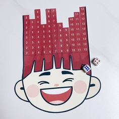 a child's head with numbers and dices on it