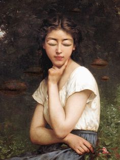 a painting of a woman sitting on the ground with her chin resting on her hand