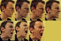 multiple images of a man with his mouth open and various facial expressions in front of him