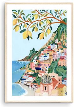 a painting of a beach with lemon trees and houses on the hill next to the water