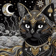 a black cat with gold and silver decorations on its head, sitting in front of a night sky