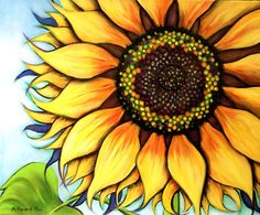 a painting of a yellow sunflower with green leaves on the bottom and blue sky in the background