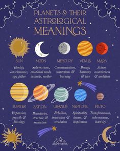 the planets and their astrological meaningss on a purple background with stars, clouds, and