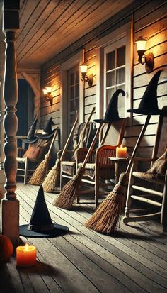 a porch decorated for halloween with rocking chairs and brooms on the front porch, lit by candles