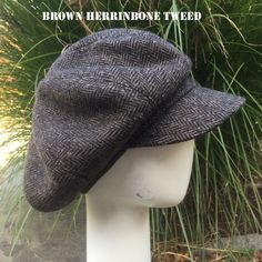 "This oversized Katie Newsboy Cap is one of my favorite Unisex shapes ever. Timeless classic with a romantic flair. Please notice that Katiа Newsboy has 1\" band and a shorter brim, which makes it different from Rob and Nikki Newsboy hats. This hat has an eight piece-cut crown, it is about 11\" in diameter and has 1\" wide headband. These generous dimensions allow this hat to be tilted on the side, as shown in pictures. I prefer to cut Katia's panel on bias for more slouchy look. If you prefer t Grey Herringbone, News Boy Hat, Wide Headband, Newsboy Cap, Flat Cap, Fabric Covered Button, Harris Tweed, Extra Fabric, Gatsby