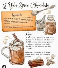 a recipe for homemade hot chocolate with cinnamons and spices in it, on a white background