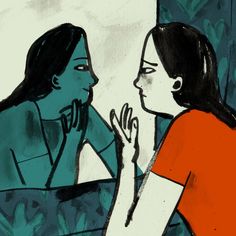 a drawing of two women talking to each other