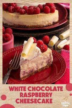 a white chocolate raspberry cheesecake on a red plate