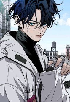 an anime character with blue eyes and black hair holding a white jacket in his hand