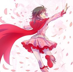 a woman in a pink dress and red cape flying through the air with her arms outstretched