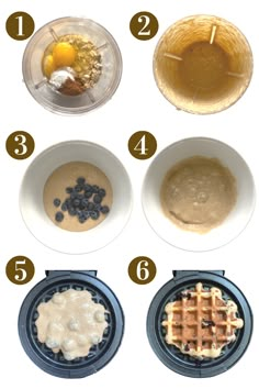 the steps to making blueberry waffles are shown in this image, including eggs, milk, and syrup