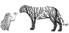 a drawing of a bear standing next to a tree with dandelions in its mouth