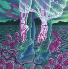 a painting of two feet with pink and purple flowers in the foreground, one foot above ground