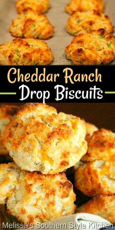 cheddar ranch drop biscuits are stacked on top of each other and ready to be eaten