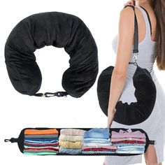 the woman is carrying her travel bag with several pieces of clothing in it, including a neck pillow