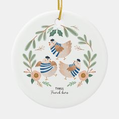 three birds ornament with leaves and berries