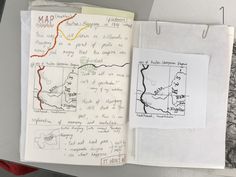 an open notebook with handwritten notes and drawings on the pages next to each other