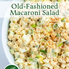 old - fashioned macaroni salad in a white bowl