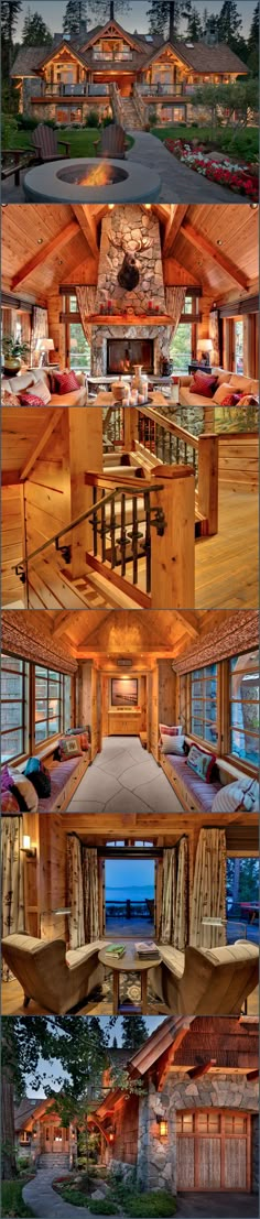 the inside of a house that is made out of wood and has many different pictures on it