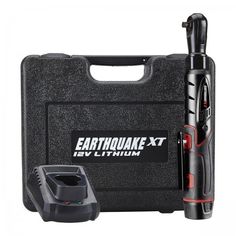 an electric drill and other tools in a black toolbox with the words earthquane - xt written on it