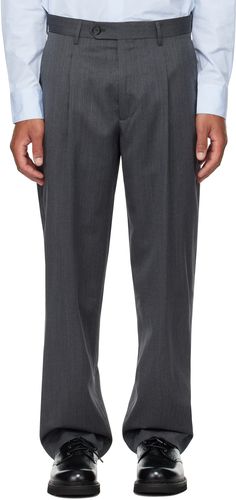 Straight-leg deadstock wool broadcloth trousers. · Mid-rise · Belt loops · Four-pocket styling · Zip-fly · Pleat at front · Corozo hardware Supplier color: Light grey Mens Grey Pants, Grey Pants Men, Gray Trousers, Formal Trousers, Grey Trousers, Grey Pants, Clue, Color Light, Apparel Accessories