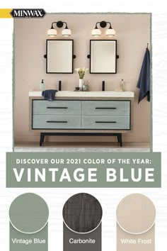 a bathroom with two sinks and three mirrors on the wall above it is an ad for vintage blue