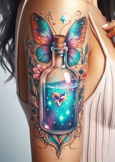 Behold a bottled ballet on your skin, where iridescent hues and butterfly grace converge, crafting a tattoo that’s a symphony of shimmer. Potion Tattoo, Mystical Tattoos, Bottle Tattoo, Magic Potion, Floral Tattoo Design, Fairy Tattoo, 1 Tattoo