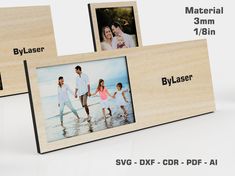 three wooden frames with different photos on them and the words bylaser printed in black