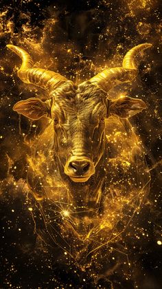 an artistic photo of a bull's head surrounded by gold dust and stars on a black background