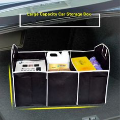 an open trunk filled with lots of different types of storage containers and items in it