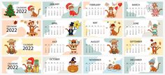 a calendar for the new year with cartoon animals and christmas decorations on it's side