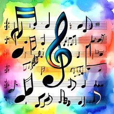 colorful watercolor background with musical notes and music staffs on multi - colored paper