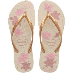 Delicate and romantic, the Slim Organic women's flip flop is a classic model with thin straps, featuring a touch of sophistication with the metallic straps. Adorned with floral prints, the flip flop for women shines in a beige golden hue for ultimate luxury. Havaianas Women's Slim Organic Flip Flops Sandal | Beige/Golden | Size 9/10 Clothes For Hawaii, Brazilian Clothes, Cute Flip Flops, Logo Flip Flops, Gold Flip Flops, Summer Shoes Sandals, Lululemon Align Tank, Align Tank, Bedroom Slippers