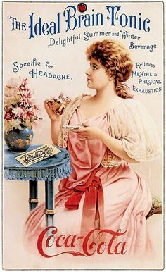 an old fashioned coca - cola advertisement featuring a woman drinking from a cup and sitting at a table