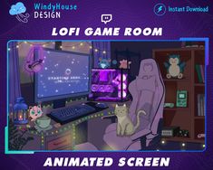 an animated screen with a cat sitting in front of a computer monitor and the words loft game room on it