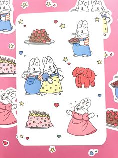 the stickers are all different colors and designs on this sheet, including rabbits eating cake