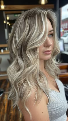 Biolage Highlights Blonde, Blonde With Shadow Roots And Lowlights, Dark Brown Lowlights, Blonde With Brown Lowlights, Natural Ash Blonde Hair, Lowlights Hair, Brown Lowlights, Ashy Blonde Hair, Trendy Hair Color Ideas