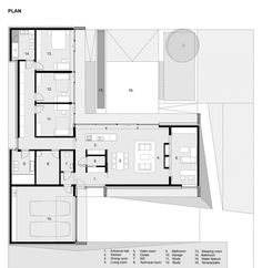 the floor plan for a modern house with two floors and an open living room area