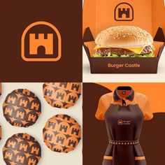 an orange and brown burger box with hamburgers in the front, and on the back