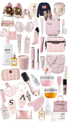 a collage of pink and white items