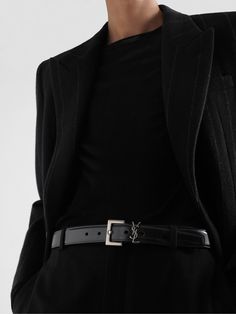 SAINT LAURENT's distinctive monogram was invented in the '60s by typeface designer Adolphe Jean-Marie Mouron and has lost none of its appeal in the years since. This 3cm belt has been made in Italy from smooth leather and secures with a polished silver-tone buckle. Belts Aesthetic, Saint Laurent Collection, Security Belt, Ysl Belt, Ralph Lauren Suits, Mens Designer Belts, Black Suit Men, Belt For Men, Suede Belt