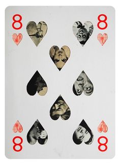 playing cards with pictures of people and hearts on them are arranged in the shape of fours