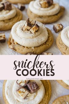 snickkers cookies with white frosting and chopped walnuts on top are shown