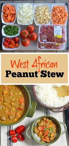 several different types of food in bowls and on trays with the words west african peanut stew