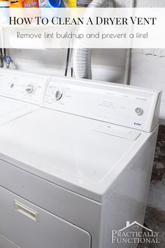 a dryer sitting next to a wall with the words how to clean a dryer vent above it