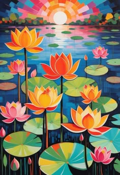 a painting of water lilies with the sun in the background